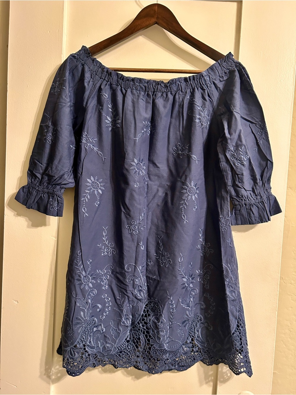 Madewell Navy Blue Strapless Embroidered Off-Shoulder Dress
